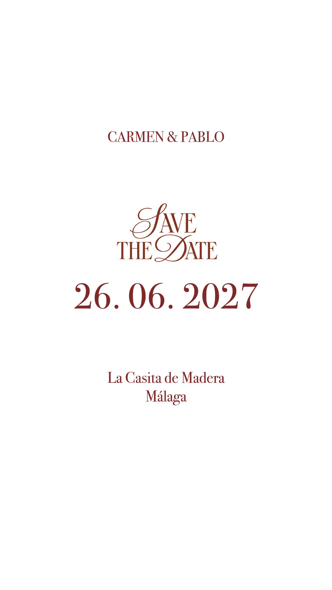 Carmen & Pablo. Save the Date. 26 de junio de 2027. La Casita de Madera, Málaga.